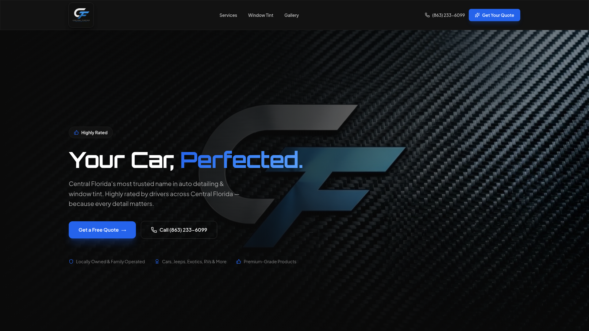 Homepage of the CF Detailing & Tint website built by DSP Southern Solutions