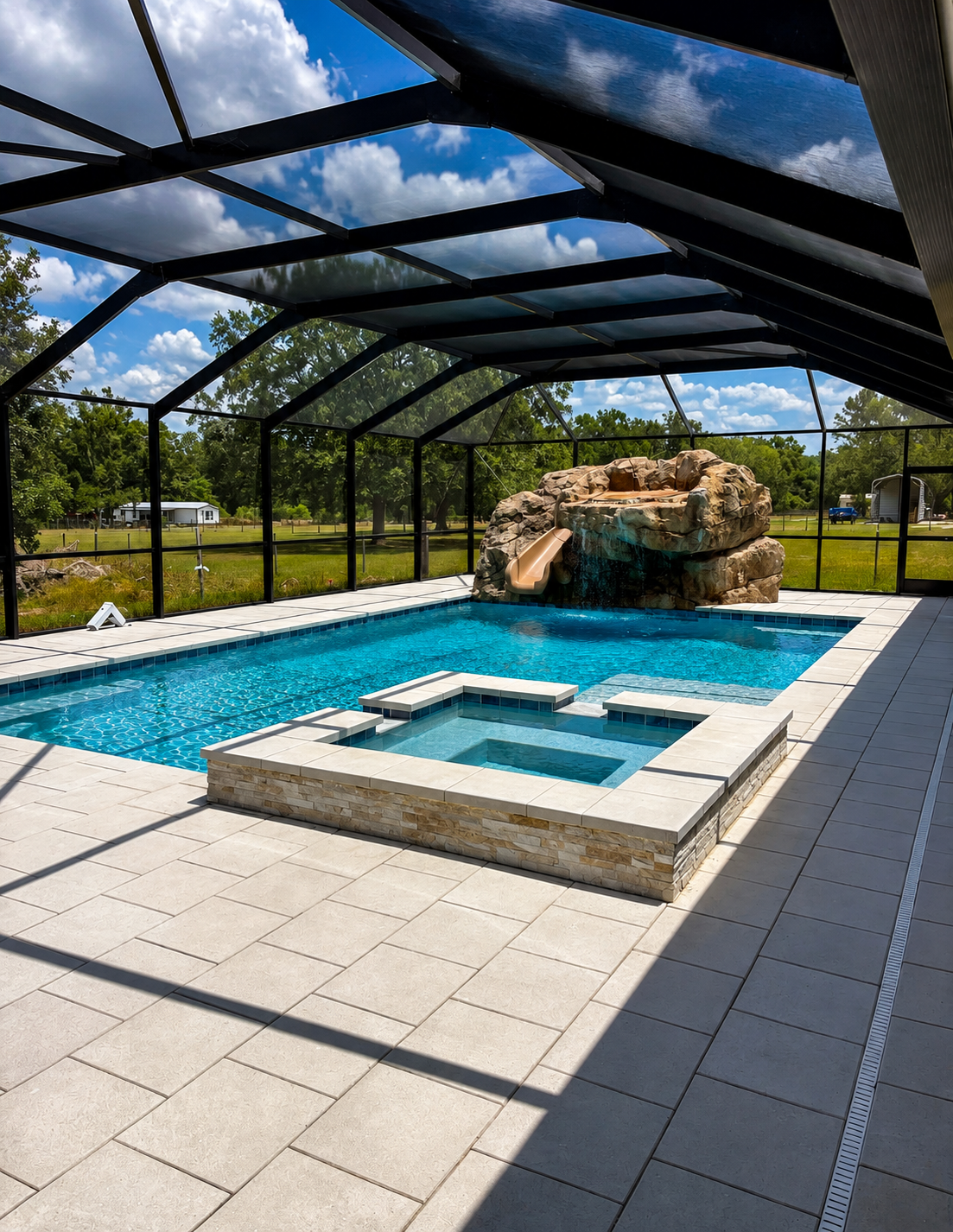 Custom pool and spa with rock waterfall and screened enclosure at a BOBCO project